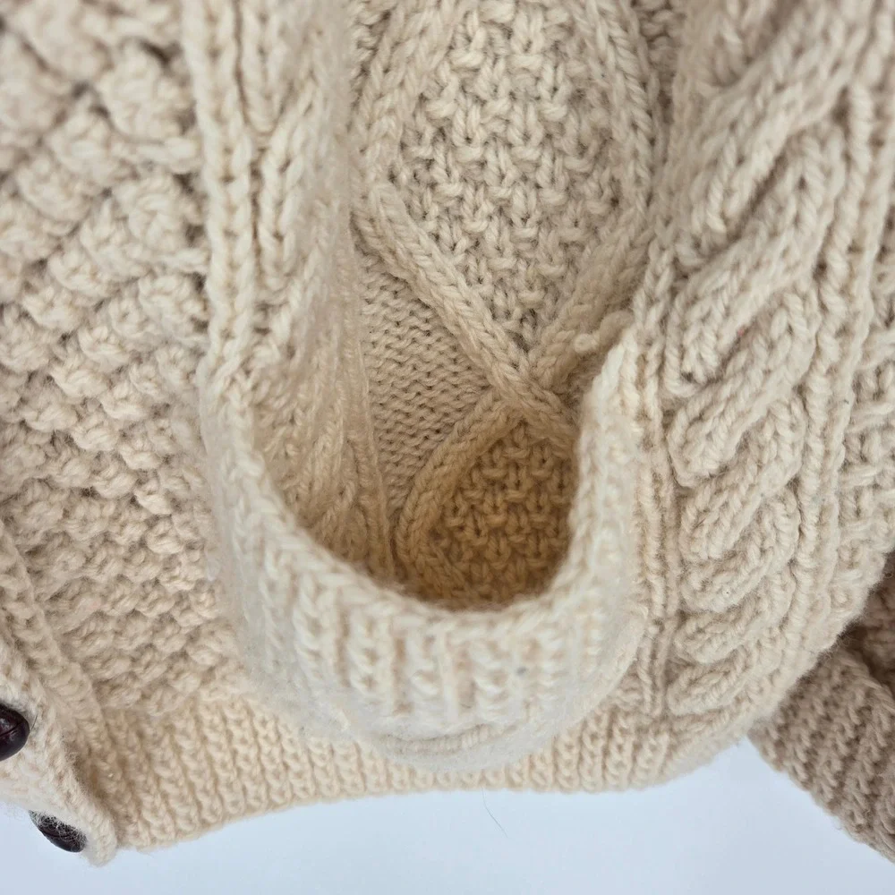 Vintage Womens M-L 100% Wool Irish Aran Sweater Cardigan Hat Combo‎ Cable Knit